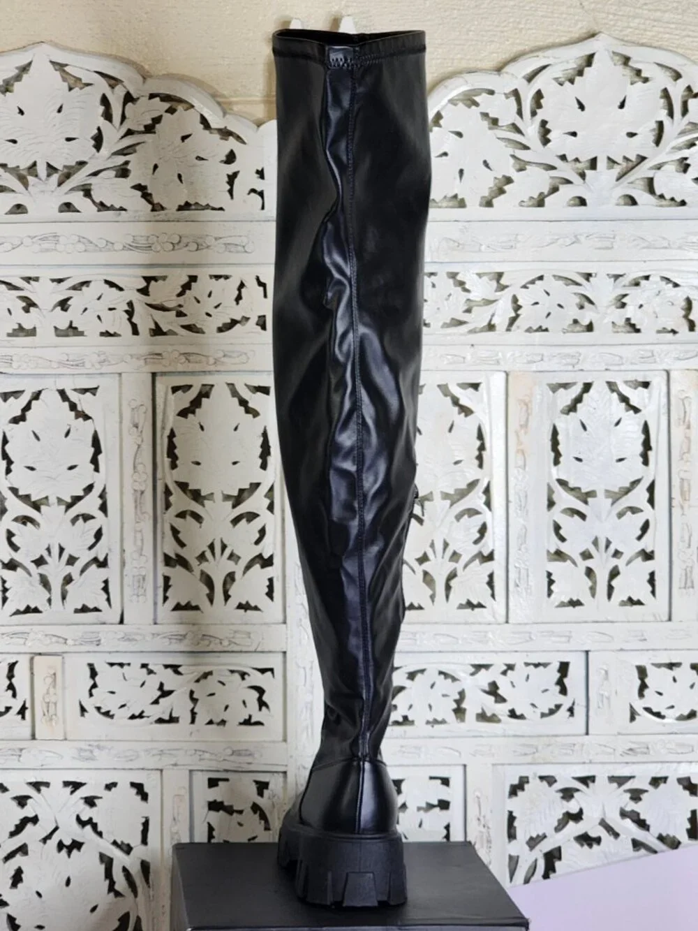 Fashion Nova Black Chunky Sole Play It Off Over The Knee Faux Leather Boots 8.5